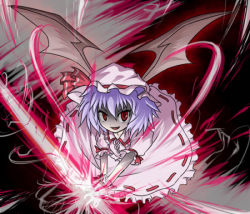Rule 34 | 1girl, :d, bat wings, dress, female focus, flying, frills, haro (artist), hat, light, looking at viewer, mob cap, open mouth, puffy short sleeves, puffy sleeves, red eyes, remilia scarlet, shaded face, short sleeves, smile, solo, touhou, vampire, white dress, wings
