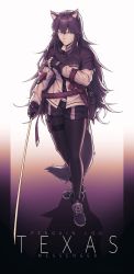 Rule 34 | 1girl, absurdres, animal ears, arknights, black footwear, black gloves, black hair, black jacket, black pantyhose, black shorts, character name, cigarette, emile aoi, fingerless gloves, gloves, hair between eyes, highres, holding, holding cigarette, holding sword, holding weapon, id card, jacket, long hair, long sleeves, looking at viewer, multicolored clothes, multicolored jacket, pantyhose, shoes, shorts, solo, sword, tail, texas (arknights), two-tone jacket, very long hair, weapon, white jacket, wolf ears, wolf girl, wolf tail, yellow eyes