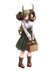 Rule 34 | 159cm, 1girl, apple, basket, blush, boots, brown footwear, cantaloupe, curled horns, food, fruit, full body, gran-chan (159cm), grapes, green hair, green ribbon, green skirt, high-waist skirt, holding, holding basket, horn flower, horns, huge horns, long sleeves, looking at viewer, cantaloupe, neck ribbon, original, parted lips, ribbon, shirt, simple background, skirt, smile, solo, standing, white background, white shirt, yellow eyes