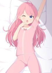 Rule 34 | 1girl, absurdres, arm up, bed, blue eyes, hand to own mouth, highres, kaneko14, long hair, lying, on back, one eye closed, open mouth, original, pajamas, pants, pillow, pink hair, pink pajamas, pink pants, pink shirt, shirt, short sleeves, sleepy, solo, spread legs, stretching, yawning