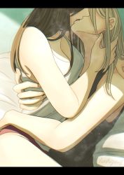 Rule 34 | 2girls, blonde hair, breasts, brown hair, cleavage, commentary request, french kiss, hand in another&#039;s hair, hand on another&#039;s back, hand on another&#039;s neck, highres, hoshizora no shita, kiss, large hands, letterboxed, long hair, looking down, looking up, multiple girls, original, signature, tongue, yuri