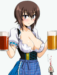 Rule 34 | 2girls, alcohol, areola slip, beer, beer mug, blood, blush, breasts, brown hair, cleavage, closed mouth, collarbone, cup, dirndl, embarrassed, frills, german clothes, girls und panzer, itsumi erika, large breasts, looking at viewer, mug, multiple girls, nishizumi maho, no bra, nosebleed, oktoberfest, oosaka kanagawa, open mouth, shiny skin, short hair, simple background, sweat, upper body, white background, white hair, yuri