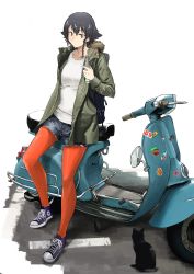 Rule 34 | 1girl, absurdres, american flag, backpack, badge, bag, black cat, black hair, black shorts, blue footwear, bottle, braid, brown eyes, casual, cat, closed mouth, commentary, converse, cutoffs, denim, denim shorts, fur-trimmed hood, fur trim, fur trimm, girls und panzer, green jacket, hair tie, highres, holding, holding bottle, hood, hooded jacket, italy, jacket, light frown, logo, motor vehicle, nokogiriotoko, open clothes, open jacket, orange pantyhose, pantyhose, pantyhose under shorts, pepperoni (girls und panzer), red pantyhose, scooter, shirt, shoes, short hair, short shorts, shorts, side braid, sneakers, soda bottle, solo, sprite (drink), standing, vespa, white background, white shirt