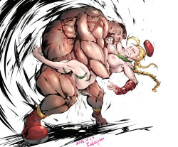 Rule 34 | 1boy, 1girl, artist name, blonde hair, blush, bottomless, breasts, cammy white, cum, closed eyes, feet, hetero, large breasts, leg lock, muscular, nipples, rema177, scar, sex, street fighter, suspended congress, toe scrunch, toes, vaginal, zangief