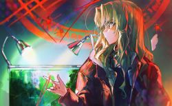 Rule 34 | 1girl, absurdres, aquarium, black shirt, blonde hair, brown jacket, closed mouth, from side, highres, huge filesize, jacket, light, long hair, looking away, looking to the side, original, parted bangs, shirt, solo, upper body, wata (attaka towel)