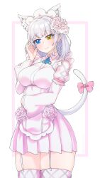 Rule 34 | 1girl, absurdres, adjusting hair, animal ears, apron, blue eyes, bow, braid, breasts, cat ears, cat girl, cat tail, commission, dress, flower, garter straps, grey hair, heterochromia, highres, last origin, maid headdress, medium breasts, medium hair, noonnoon531, perrault (last origin), pink dress, pixiv commission, rose, smile, solo, tail, tail bow, tail ornament, thighhighs, white flower, white rose, yellow eyes, zettai ryouiki