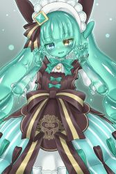 Rule 34 | 1girl, blue eyes, blush, bow, bowtie, brooch, brown dress, brown eyes, commission, curss, doll joints, dress, green bow, green bowtie, green hair, hands up, heterochromia, highres, jewelry, joints, long hair, looking at viewer, maid headdress, monster girl, original, skeb commission, slime girl, smile, solo, twintails, very long hair