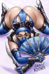 Rule 34 | 1girl, artist name, ass, assassin, bad deviantart id, bad id, black hair, blue leotard, blue mask, brown eyes, curvy, dany rooke, double bun, dual wielding, elbow gloves, female focus, fingerless gloves, gloves, hair bun, heels, high heels, highres, holding, holding weapon, huge ass, kitana, leotard, looking at viewer, mortal kombat (series), netherrealm studios, princess, solo, thick thighs, thighhighs, thighs, thong, thong leotard, weapon