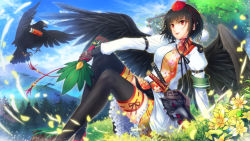 Rule 34 | 1girl, animal, arm belt, arm support, armband, bad id, bad pixiv id, bird, black hair, black ribbon, black thighhighs, black wings, blue sky, blush, breasts, brown gloves, buckle, choker, cibo (killy), crow, day, feathered wings, floral print, flower, frilled skirt, frills, gloves, grass, hand fan, hat, holding, holding fan, katana, knees up, leaning back, long sleeves, medium breasts, open mouth, outdoors, paperclip, pointy ears, pom pom (clothes), red choker, red eyes, red footwear, red hat, red ribbon, ribbon, ribbon-trimmed legwear, ribbon choker, ribbon trim, scenery, scroll, shameimaru aya, sheath, sheathed, shoes, shoot the bullet, short hair, sitting, skirt, sky, solo, sword, tassel, thighhighs, tokin hat, touhou, tree, weapon, wind, wings, zettai ryouiki