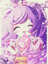 Rule 34 | 1girl, :d, absurdres, ahoge, bow, branch, card, cherry blossoms, closed eyes, facing viewer, hair bow, hands up, highres, holding, holding card, japanese clothes, kimono, kuma (pripara), long hair, manaka laala, milon cas, obi, open mouth, pink bow, pink kimono, pretty series, pripara, purple hair, retro artstyle, sash, smile, solo, twintails, upper body
