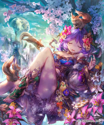 Rule 34 | 10s, 1girl, :o, animal, bare shoulders, blush, boots, breasts, brown hair, building, cherry blossoms, cleavage, cleavage cutout, closed eyes, clothing cutout, cloud, copyright name, cygames, detached sleeves, dress, drooling, fantasy, flower, hair flower, hair ornament, highres, lee hyeseung, light particles, long hair, lying, moon, on back, plumeria (shingeki no bahamut), shingeki no bahamut, sky, sleeping, solo, squirrel, tower, tree, windmill