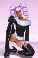 Rule 34 | 1girl, bare shoulders, boots, bottomless, cleft of venus, collar, cross-laced footwear, dark-skinned female, dark skin, dr graevling, drill hair, eyeshadow, fur trim, gradient background, high heel boots, high heels, highres, lace-up boots, lipstick, makeup, nail polish, original, parted lips, purple eyes, purple hair, pussy, short hair, solo, thigh boots, thighhighs, twin drills, uncensored