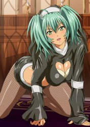 Rule 34 | 1girl, :d, all fours, aqua hair, black shirt, black skirt, bra, breasts, church, cleavage, cleavage cutout, clothing cutout, fishnet pantyhose, fishnets, green eyes, hair between eyes, heart cutout, ikkitousen, indoors, large breasts, long hair, long sleeves, microskirt, midriff, nun, open mouth, pantyhose, ryofu housen, shirt, skirt, sleeves past wrists, smile, solo, stomach, twintails, underwear, veil, white bra