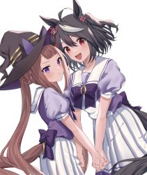 Rule 34 | absurdres, animal ears, blush, collarbone, hair rings, hat, highres, holding hands, horse ears, horse tail, kitasan black (umamusume), open mouth, pouty lips, purple eyes, red eyes, school uniform, simple background, sweep tosho (umamusume), tail, tarako, tracen school uniform, twintails, umamusume, white background, witch hat