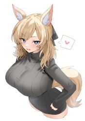 Rule 34 | 1girl, alternate costume, animal ear fluff, animal ears, arknights, black sweater, blue eyes, breasts, commentary request, from above, hand on own hip, heart, highres, horn/wood, horse ears, horse girl, horse tail, large breasts, long sleeves, medium hair, parted bangs, ribbed sweater, simple background, solo, spoken heart, sweater, tail, upper body, whislash (arknights), white background