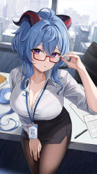 Rule 34 | 1girl, :o, absurdres, adjusting eyewear, against table, ahoge, alternate costume, bespectacled, black pantyhose, black skirt, blue hair, breasts, building, carpet, chair, cityscape, cleavage, collarbone, collared shirt, contemporary, day, dress shirt, from above, ganyu (genshin impact), genshin impact, glasses, goat horns, hand on eyewear, hand on own thigh, hand up, highres, horns, id card, indoors, lanyard, large breasts, long hair, looking at viewer, looking up, miniskirt, office, office chair, office lady, pantyhose, paper, parted lips, partially unbuttoned, pen, pencil skirt, pora 0918, purple eyes, raised eyebrows, rectangular eyewear, red-framed eyewear, semi-rimless eyewear, shirt, shirt tucked in, sidelocks, skirt, skyscraper, sleeves rolled up, solo, swivel chair, table, taut clothes, taut shirt, thighs, very long hair, white shirt, window