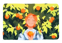 Rule 34 | 1girl, absurdres, birthday, blue overalls, blush, closed eyes, closed mouth, commentary, english commentary, facing viewer, food, fruit, highres, holding, holding food, holding fruit, mandarin orange, nami (one piece), one piece, orange hair, orange tree, overalls, qmech, shirt, short hair, single sidelock, smile, solo, sparkle, upper body, white shirt