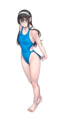 Rule 34 | 1girl, adjusting clothes, adjusting swimsuit, bare shoulders, barefoot, black hair, blue one-piece swimsuit, breasts, clothing cutout, commentary request, feet, full body, glasses, green eyes, hairband, highleg, highleg swimsuit, highres, kantai collection, legs, long hair, looking to the side, medium breasts, one-piece swimsuit, ooyodo (kancolle), side cutout, solo, swimsuit, toenails, toes, white background, white hairband, yuuji (and)