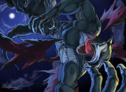 Rule 34 | 1boy, android, artist request, blindfold, claws, cyberdramon, digimon, digimon (creature), dragon, dragon boy, dragon tail, dragon wings, flying, full moon, horns, monster, moon, night, night sky, no humans, open mouth, pectorals, sharp teeth, shoulder pads, sky, solo, standing, tail, teeth, twitter username, wings