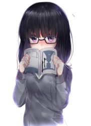 Rule 34 | 1girl, black-framed eyewear, black hair, blush, book, covering own mouth, flying sweatdrops, glasses, hair ribbon, heart, holding, holding book, long hair, long sleeves, looking at viewer, neku (neku draw), open book, original, purple eyes, ribbon, simple background, solo, sweater, twintails, upper body, white background, white ribbon