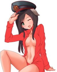 Rule 34 | 1girl, ;d, a9b (louis814), animal ears, arm support, blush, breasts, brown hair, federica n. doglio, green eyes, hat, long hair, navel, no bra, one eye closed, open clothes, open mouth, open shirt, panties, peaked cap, red panties, shirt, smile, solo, strike witches, underwear, white background, unfinished, world witches series