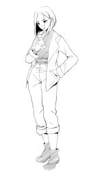 Rule 34 | 1girl, belt, black eyes, black shirt, coat, commentary request, full body, greyscale, hand in pocket, highres, holding, holding phone, mole, mole under eye, monochrome, original, pants, phone, samantha rodrigues, samsung, samsung sam, shirt, short hair, simple background, sketch, solo, standing, white background, white coat, white hair, white pants