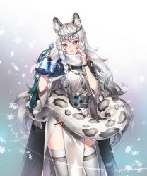 Rule 34 | 1girl, :d, animal ear fluff, animal ears, arknights, bell, belt, black cape, blue background, blush, cape, commentary, cowboy shot, dress, gradient background, grey background, grey belt, grey eyes, grey thighhighs, hands up, head chain, head tilt, highres, holding, holding bell, jewelry, leopard ears, leopard tail, long hair, looking at viewer, milcona, open mouth, pelvic curtain, pramanix (arknights), silver hair, smile, snowflakes, solo, standing, tail, thighhighs, thighs, very long hair, white background, white dress, wristband