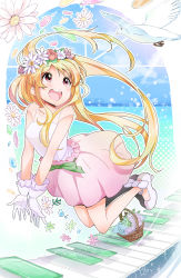 Rule 34 | 1girl, :d, basket, bird, blonde hair, blush, collarbone, flower, full body, gloves, head wreath, high heels, highres, long hair, looking up, open mouth, original, outline, outstretched arms, piano keys, pink skirt, red eyes, rougetsu, see-through, shirt, shoes, skirt, smile, solo, very long hair, white footwear, white gloves, white shirt
