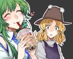 Rule 34 | 2girls, ^ ^, bare shoulders, black background, black eyes, blonde hair, blush, brown headwear, bubble tea, closed eyes, cup, d:, detached sleeves, disposable cup, drinking straw, green hair, hair ornament, hair ribbon, hair tubes, hands up, heart, highres, holding, holding cup, kochiya sanae, long hair, long sleeves, looking at viewer, moriya suwako, multiple girls, open mouth, outline, purple vest, red ribbon, ribbon, shidaccc, shirt, short hair, sidelocks, simple background, smile, snake hair ornament, staring, touhou, upper body, vest, white outline, white shirt