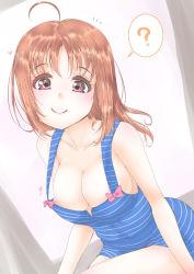 Rule 34 | 10s, 1girl, ?, accidental exposure, areola slip, blush, breasts, cleavage, closed mouth, clueless, downblouse, frapowa, heart, large breasts, looking at viewer, love live!, love live! sunshine!!, no bra, orange hair, pink eyes, short hair, smile, solo, sparkle, takami chika