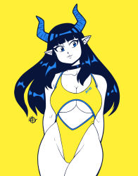 Rule 34 | 1girl, 2020, absurdres, arms behind back, black hair, blue eyes, blue horns, breasts, choker, cleavage, closed mouth, collarbone, highres, horns, large breasts, long hair, looking at viewer, monochrome, original, pointy ears, simple background, smile, solo, taggo, yellow background