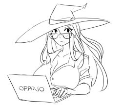 Rule 34 | 1girl, :&lt;, bespectacled, brand name imitation, breasts, cleavage, computer, dragon&#039;s crown, glasses, greyscale, hat, huge breasts, laptop, long hair, matsu-sensei, monochrome, office lady, shirt, sketch, solo, sorceress (dragon&#039;s crown), vaio, witch hat