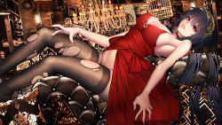 Rule 34 | 1girl, azur lane, birdcage, black hair, breasts, cage, chaise longue, chandelier, cleavage, cocktail dress, cushion, dress, gudadan, hair ornament, highres, indoors, lantern, large breasts, long hair, lying, no panties, official alternate costume, on back, red dress, red eyes, sash, sideboob, taihou (azur lane), taihou (forbidden feast) (azur lane), thighs, torn clothes, torn legwear
