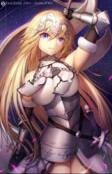Rule 34 | 1girl, arm up, armor, armored dress, armpits, bad id, bad pixiv id, bare shoulders, blonde hair, blue eyes, breasts, dress, fate/apocrypha, fate/grand order, fate (series), gauntlets, headpiece, hisahisahisahisa, jeanne d&#039;arc (fate), jeanne d&#039;arc (ruler) (fate), jeanne d&#039;arc (third ascension) (fate), long hair, md5 mismatch, purple eyes, resolution mismatch, solo, sword, thighhighs, weapon