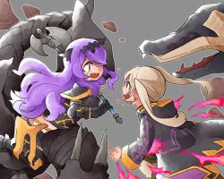 Rule 34 | 2girls, armor, axe, black armor, blood, blood on face, camilla (fire emblem), dragon, fire emblem, fire emblem awakening, fire emblem fates, fire emblem heroes, grey background, grima (fire emblem), holding, holding axe, hood, hood down, long hair, long sleeves, multiple girls, nintendo, open mouth, purple hair, riding, robe, robin (female) (fire emblem), robin (fire emblem), shunrai, simple background, tiara, twintails, white hair