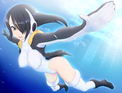 Rule 34 | 10s, 1girl, black footwear, black hair, boots, breasts, brown eyes, commentary request, covered erect nipples, emperor penguin (kemono friends), freediving, full body, hair over one eye, headphones, highleg, highleg leotard, hood, hoodie, jacket, kemono friends, kurokaji, large breasts, leotard, long hair, looking at viewer, open mouth, outstretched arms, solo, sunlight, swimming, thighhighs, underwater, white leotard, white thighhighs