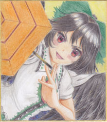 Rule 34 | 1girl, aiming, aiming at viewer, arm cannon, arm up, bird wings, black hair, black wings, blush, colored pencil (medium), commentary, dutch angle, english commentary, feathered wings, hair ribbon, highres, looking at viewer, luke (kyeftss), mixed-language commentary, open mouth, puffy short sleeves, puffy sleeves, red eyes, reiuji utsuho, ribbon, shikishi, shirt, short sleeves, simple background, solo, touhou, traditional media, weapon, white shirt, wings, yellow background