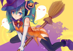 Rule 34 | 1girl, alternate hairstyle, ass, bad id, bad pixiv id, bell, black thighhighs, blue eyes, bow, broom, elbow gloves, food-themed hair ornament, ghost, gloves, green hair, hair ornament, hairclip, halloween, hat, hatsune miku, jack-o&#039;-lantern, jingle bell, pumpkin, pumpkin hair ornament, solo, straddling, thighhighs, twintails, tyun, vocaloid, witch hat