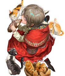 Rule 34 | 1girl, absurdres, animal ear fluff, animal ear hairband, animal ears, basket, bread, brown eyes, brown hair, capelet, cat, cat ear hairband, cat ears, eating, extra ears, fake animal ears, food, food bite, food on face, from above, hairband, heo sung-moo, highres, holding, holding food, long sleeves, open mouth, original, red capelet, red skirt, shoes, short hair, simple background, sitting, skirt, socks, solo, white background, white socks