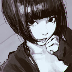 Rule 34 | 1girl, blunt bangs, bob cut, dutch angle, female focus, from above, ilya kuvshinov, lips, looking at viewer, monochrome, original, parted lips, portrait, short hair, sketch, solo, upper body