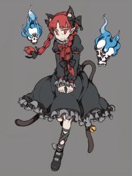 Rule 34 | 1girl, :3, animal ear fluff, animal ears, bell, black bow, blue fire, blunt bangs, bolos, bow, bowtie, braid, brooch, cat ears, cat tail, dress, extra ears, eyebrows hidden by hair, fire, flaming skull, floating skull, frills, full body, grey background, grey dress, hair bow, hair ribbon, hitodama, jewelry, jingle bell, juliet sleeves, kaenbyou rin, long hair, long sleeves, looking at viewer, multiple tails, nekomata, petticoat, pointy ears, puffy sleeves, red bow, red bowtie, red eyes, red hair, ribbon, simple background, sleeves past wrists, solo, tail, tail bell, tail ornament, touhou, tress ribbon, twin braids, twintails, two tails, v arms