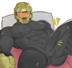 Rule 34 | 1boy, absurdres, ass, black bodysuit, bodysuit, bodysuit condom, bulge, character request, covered anus, covered erect nipples, covered penis, erection, erection under clothes, feet out of frame, halo (series), helmet, highres, jaxcian, lying, male focus, master chief, notice lines, on back, on bed, simple background, skin tight, solo, spread legs, white background