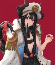 Rule 34 | 1girl, bangosu, belt, belt bra, belt buckle, black belt, black gloves, black hair, black skirt, bow, breasts, buckle, commentary request, curled horns, dragon girl, dragon horns, dragon tail, epaulettes, fingernails, glove in mouth, gloves, grin, hair between eyes, hat, horns, jacket, jacket on shoulders, long hair, military hat, military jacket, mouth hold, nail polish, peaked cap, red background, red bow, red eyes, red nails, simple background, skirt, small breasts, smile, solo, tail, tail bow, tail ornament, tail raised, unworn gloves, very long hair, vgaming, virtual youtuber, white hat, white jacket, yoruno yui
