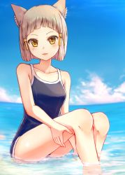Rule 34 | 1girl, animal ears, blue one-piece swimsuit, blunt bangs, bob cut, cat ears, cloud, competition school swimsuit, day, from side, full body, hand on own thigh, highres, nia (xenoblade), nintendo, one-piece swimsuit, open mouth, outdoors, ribbon, saito (pigrank), school swimsuit, short hair, sitting, sky, solo, swimsuit, water, xenoblade chronicles (series), xenoblade chronicles 2, yellow eyes