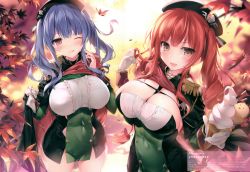 Rule 34 | 2girls, :d, ;p, absurdres, azur lane, beret, between breasts, black headwear, blush, bra visible through clothes, breasts, cape, cleavage, covered navel, cowboy shot, curly hair, day, dress, drill hair, epaulettes, food, giving, gloves, groin, hat, highres, holding, holding food, huge filesize, ice cream cone, karory, large breasts, long hair, looking at viewer, multicolored clothes, multicolored dress, multiple girls, one eye closed, open mouth, outdoors, pelvic curtain, pola (azur lane), purple hair, red cape, red eyes, red hair, scan, short dress, side ponytail, skindentation, smile, strapless, strapless dress, taut clothes, taut dress, thighhighs, thighs, tongue, tongue out, twin drills, twintails, white gloves, zara (azur lane)