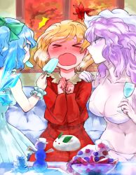 Rule 34 | &gt; &lt;, 3girls, ^^^, aki shizuha, alternate costume, autumn, bikini, blonde hair, blowing, blue dress, blue eyes, blue hair, blue ribbon, blush, bow, breasts, chamaruk, cirno, cleavage, clenched hands, closed eyes, cold, commentary, condensation, cup, d:, dress, drinking glass, dx, expressive clothes, food, hair bow, hair ornament, hand on another&#039;s shoulder, hat, ice, ice wings, indoors, large breasts, leaf, leaf hair ornament, letty whiterock, maple leaf, medium breasts, midriff, multiple girls, navel, open mouth, pale skin, popsicle, purple eyes, purple hair, red dress, ribbon, short hair, sitting, snow rabbit, snowman, steam, sundress, swimsuit, tongue, touhou, underwear, underwear only, wavy hair, wavy mouth, white bikini, wine glass, wings, wrist cuffs, yuki onna