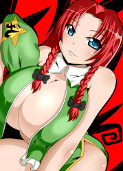 Rule 34 | 1girl, bad id, bad pixiv id, bare shoulders, blue eyes, braid, breasts, china dress, chinese clothes, cleavage, dress, female focus, hat, unworn hat, unworn headwear, hong meiling, huge breasts, looking at viewer, parted lips, red hair, seductive smile, side slit, smile, solo, syroh, embodiment of scarlet devil, touhou, twin braids