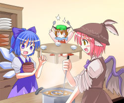 Rule 34 | 3girls, animal ears, bow, bowl, cat ears, cat girl, chen, cirno, cooking pot, des (namaasi), female focus, fish, fish (food), food, fork, ladle, multiple girls, mystia lorelei, rice, soup, spoon, table, team 9, touhou, wings