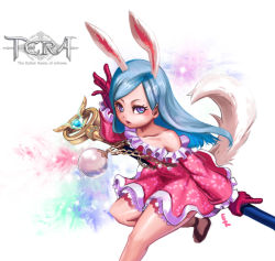 Rule 34 | 1girl, animal ears, arm up, artist request, blue eyes, blue hair, rabbit ears, copyright name, dog tail, dress, elin, gloves, jewelry, leaning forward, long hair, necklace, off shoulder, pink dress, print dress, red gloves, sandals, short dress, simple background, solo, staff, standing, standing on one leg, symbol-shaped pupils, tail, tera online, weapon, white background