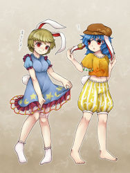 Rule 34 | 2girls, :o, ?, animal ears, bare legs, barefoot, blonde hair, bloomers, blue dress, blue hair, breasts, brown hat, cabbie hat, closed mouth, clothes lift, cosplay, costume switch, crescent moon, crop top, crossed bangs, dress, dress lift, earclip, eyebrows, facing away, floppy ears, frilled dress, frilled shirt, frilled shorts, frilled sleeves, frills, gradient background, hat, knees together feet apart, legs apart, lifting own clothes, long hair, looking down, medium breasts, moon, moon print, multicolored clothes, multicolored shorts, multiple girls, navel, open mouth, orange shirt, outline, pigeon-toed, puffy short sleeves, puffy shorts, puffy sleeves, rabbit ears, rabbit tail, raised eyebrow, red eyes, ringo (touhou), ringo (touhou) (cosplay), seiran (touhou), seiran (touhou) (cosplay), shirt, short hair, short sleeves, shorts, socks, standing, star (symbol), star print, stomach, striped clothes, striped shorts, sweat, tail, tareme, touhou, underwear, vertical stripes, wavy mouth, white bloomers, white footwear, white outline, white shorts, yellow shorts, ys (fall)